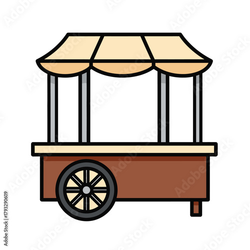Simplified cartoon illustration of a traditional street food cart or vendor stall with a striped awning and a single wheel, designed for various public event and market themes
