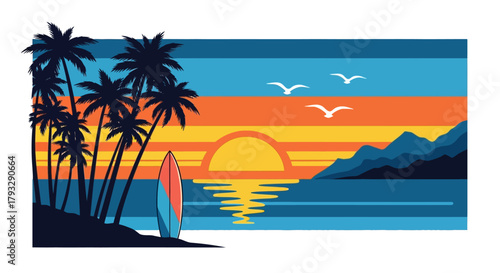 Tropical Sunset Beach Palm Trees and Surfboard.