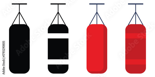 Punching Bag Vector Icon Set – Flat, Outline, and Silhouette Boxing Training Equipment for Gym and 
Fitness Design