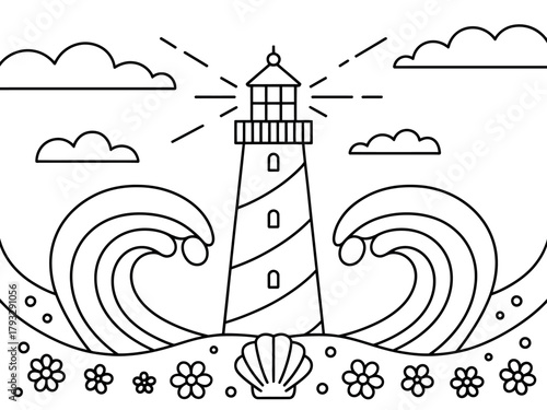 Whimsical lighthouse stands tall amidst crashing waves on a sunny shore with flowers and shells.
