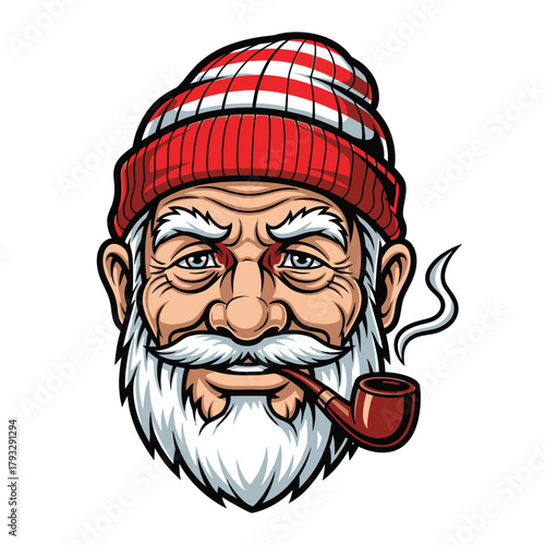 Rugged, weathered sailor with a classic pipe and striped beanie, exuding wisdom and maritime adventure in a bold, artistic style.