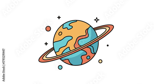 Cartoon Planet With Rings And Stars.