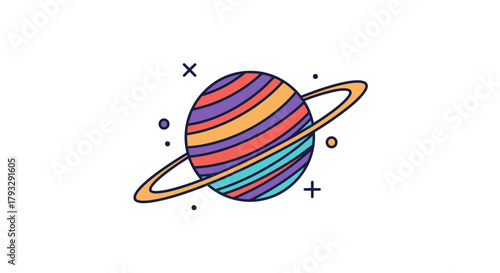 Colorful Planet with Rings and Stars.
