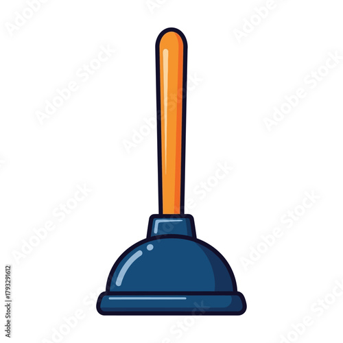 Household plumbing tool, a vibrant blue and orange drain plunger icon vector illustration, perfect for representing cleaning, maintenance, and blockage removal in sinks, toilets, and pipes.