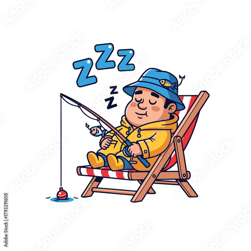 Joyful fisherman naps peacefully in a chair while fishing, dreaming of big catches and sunny days.