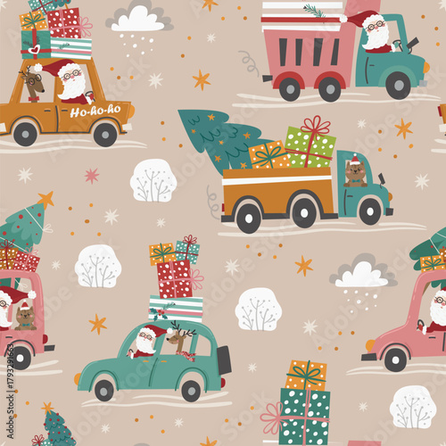 Vector Christmas seamless pattern with Santa delivering gifts in cars and trucks. Perfect for Christmas paper, fabric and gift designs