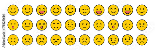 Yellow smiley face feedback rating icons showing emotional expressions on transparent background