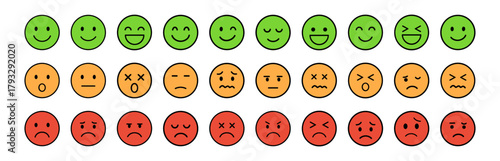 Color feedback rating smiley face icons showing satisfaction levels on transparent background