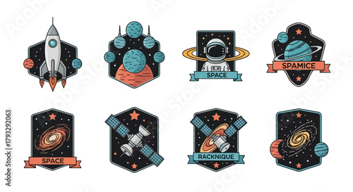 Collection of Space Themed Badges and Emblems Featuring Rockets Astronauts Planets and Galaxies.