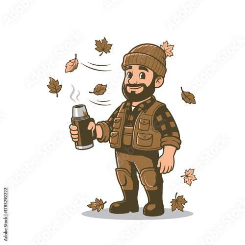 Cozy woodsman enjoying warm drink amidst falling autumn leaves, perfect for seasonal campaigns and outdoor themes