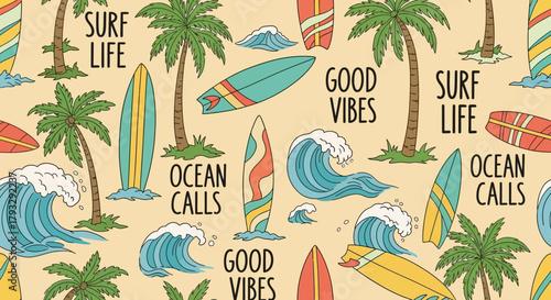 Tropical Surf Life Beach Pattern with Palm Trees and Waves.