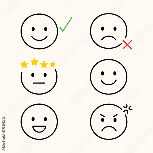 Set of evaluation and facial expression icons showing feedback and rating emotions