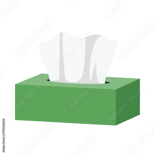 Green rectangular tissue box with a single white paper tissue partially pulled out, commonly used for personal hygiene, colds, allergies, and cleaning purposes.