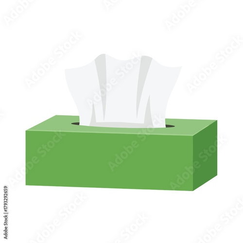 Green rectangular box of soft white facial tissues, with tissues partially pulled out from the dispenser, a common household item for hygiene, colds, flu, allergies, and personal care necessities