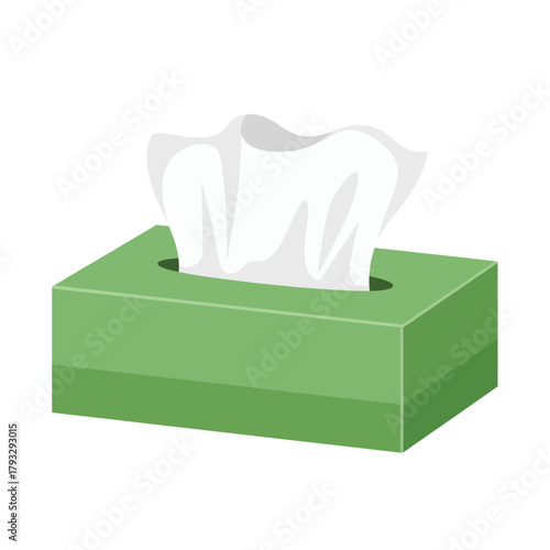 Green tissue box with soft white paper handkerchiefs for hygiene, cold, flu, allergy relief, or general cleanliness, isolated flat vector illustration on white