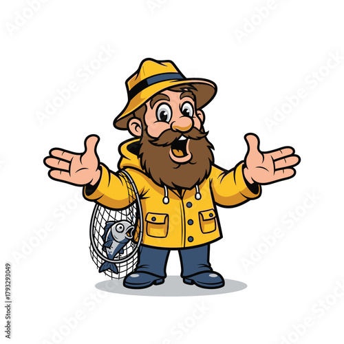 Cheerful fisherman in yellow raincoat proudly shows off his catch in net, ready for adventure and boasting about success