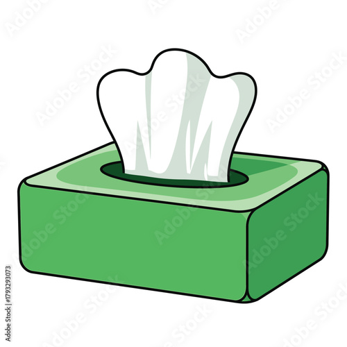 Green tissue box with white paper facial tissues poking out of the oval opening, ready for use to blow nose or wipe tears, cartoon flat vector illustration isolated on white.