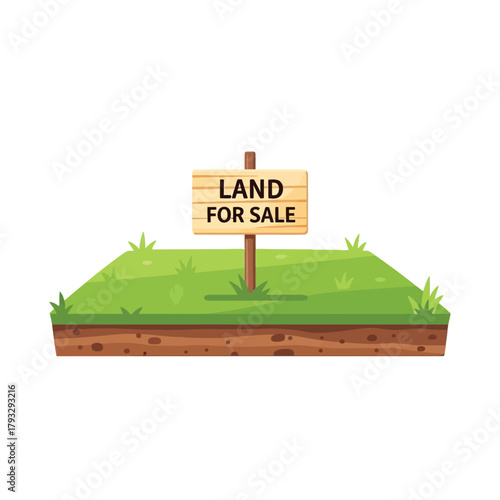 Land for sale wooden sign on a plot of green grass and soil layers, indicating real estate property available for purchase, investment, or development, isolated on white background.