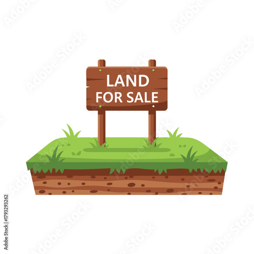 Illustrated 'land for sale' wooden sign on green grass and soil, symbolizing real estate, property investment, development, and a vacant plot for future building, isolated for advertising.