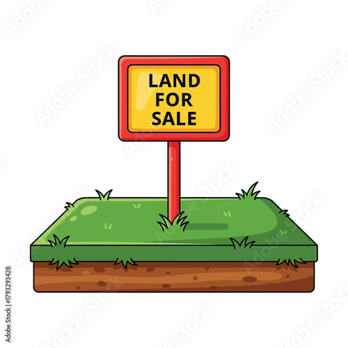 Land for sale sign illustration on a plot of grass with soil visible, representing real estate opportunities, property development, vacant lots for investment, and new beginnings.