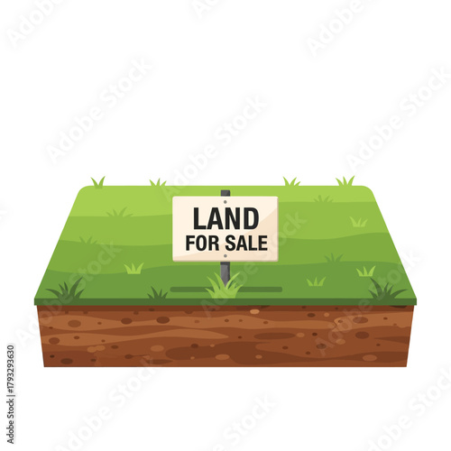 Land for sale sign on a vibrant green grass plot, showcasing real estate investment opportunity, property development potential, and vacant lot ownership prospects for housing and commercial builds.