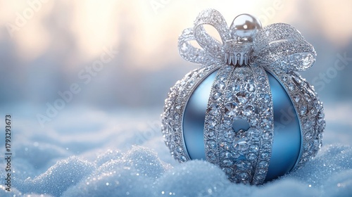 Festive blue ornament in snow