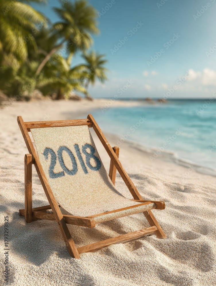 Fototapeta premium deck chair with 2018 written in sand write on tropical beach no logos no brands ar 34