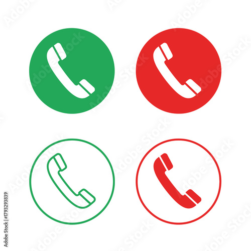 Contact us vector icons set with green phone handset for answering a call and red phone receiver for declining a call, flat and outline style, for web buttons and mobile app ui.
