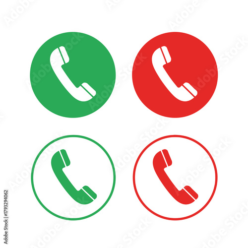 Telephone handset icons set: green filled, green outlined, red filled, and red outlined circles symbolizing call, answer, hang up, and decline functions for communication interfaces.