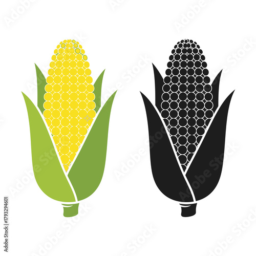 Stylized corn on the cob illustration with vibrant yellow kernels and green husks, plus a bold black silhouette with outlined kernels, ideal for agriculture, food themes.