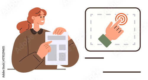 Woman holding paper layout, pointing to mock screen with touchscreen action. Ideal for education, digital interaction, technology, innovation, teamwork, training, communication simple flat metaphor