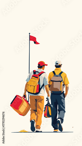 Golfer with caddie walking on golf course vector illustration