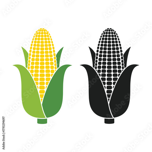 Stylized corn on the cob illustration, showcasing vibrant yellow kernels and green husks, presented next to a sleek black silhouette icon, perfect for agricultural, food, and harvest designs.