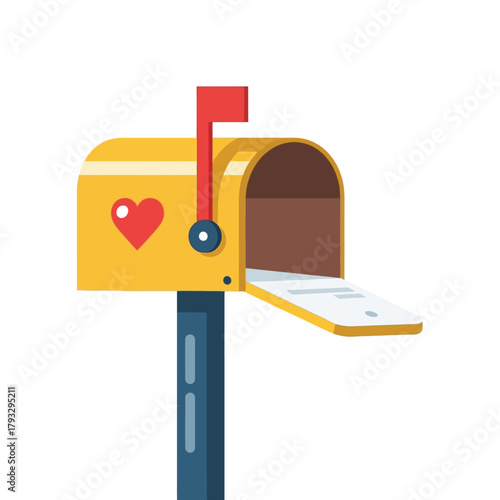 Flat design yellow mailbox icon with a prominent red heart, open door, and a raised red flag, perfectly symbolizing communication, efficient postal service, and heartfelt love messages.