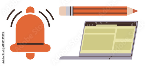 Alarm bell signaling notification, pencil symbolizing creativity, and web browser suggesting digital interaction. Ideal for learning, alerts, creativity, productivity, digital tools, communication