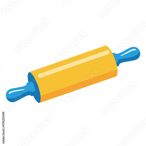 Vibrant yellow and blue rolling pin, an essential kitchen utensil for home baking, cooking, and flattening dough to prepare delicious pastries, cookies, bread, and pizza, isolated vector illustration.