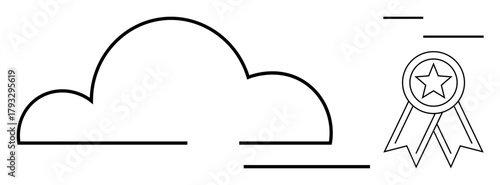 Cloud with horizontal lines next to star-ribbon badge. Ideal for technology, success, innovation, storage, creativity, digital growth, progress. Simple flat metaphor