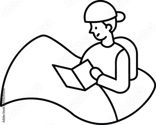 Traveler Reading Map on Hill Line Art Vector Illustration Isolated on White Background