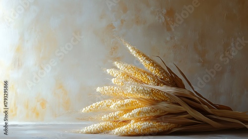 A tiny grouping of corn ears stacked softly on the side, background left empty and fresh 