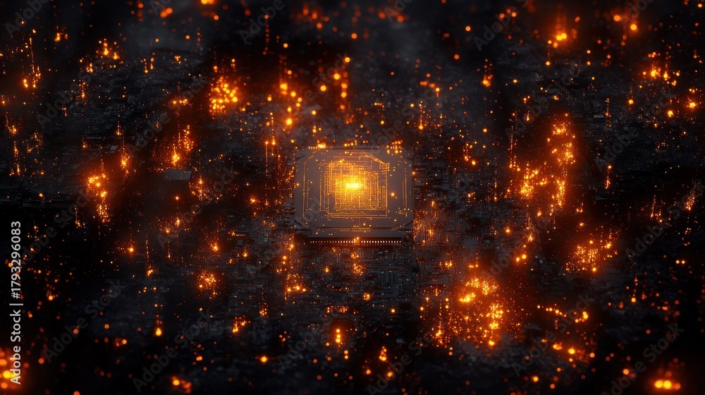 Naklejka premium Fiery, glowing square object amidst a dark, fiery landscape