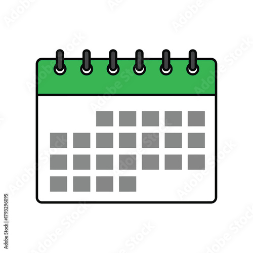 Simple, modern flat design green-topped calendar icon illustrating scheduling, appointments, events, deadlines, planning, and time management concepts effectively.