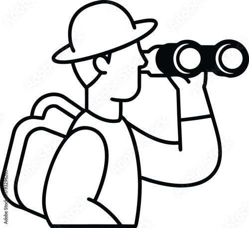 Traveler with Binoculars Line Art Vector Illustration Isolated on White Background