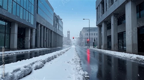 Urban Snowfall Empty Street City Intersection Winter Weather Blizzard Snowing Traffic Lights Cold Temperature Downtown Buildings Architecture Moody Atmosphere