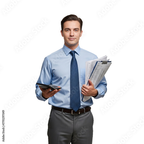 Male accountant performs calculations and organizes documents in a professional office setting