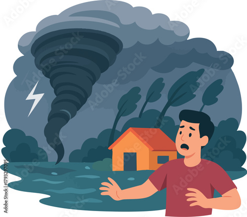 Hurricane and Tornado Illustration Flooded House Natural Disaster