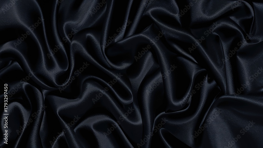 Fototapeta premium Black satin fabric with smooth, shiny, and flowing texture. Luxurious textile material. Elegant and sleek draped material.