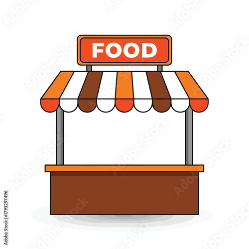 Illustration of a charming outdoor food stand with an orange and brown striped awning and a prominent 'food' sign, ready for market, festival, or street vendor settings on a clean background.