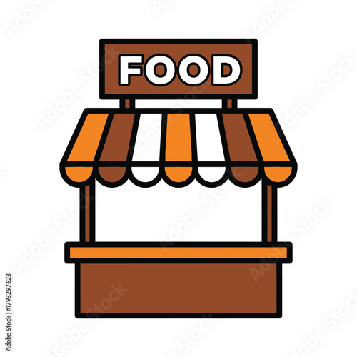 Food stall icon illustration representing a vendor booth, market stand, or street food business, perfect for apps, websites, menus, or promotional material with a cheerful, accessible design.