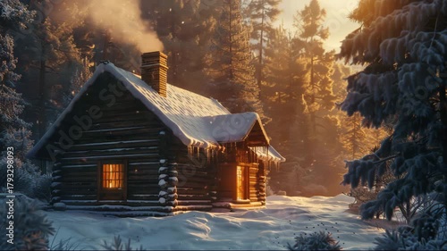 Cozy log cabin surrounded by snow-covered trees at sunset in a winter wonderland setting