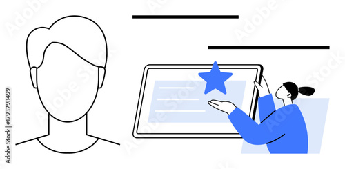 User profile alongside a person adding feedback to a digital interface with a star icon. Ideal for personal branding, online evaluation, user experience, communication, feedback, digital platforms